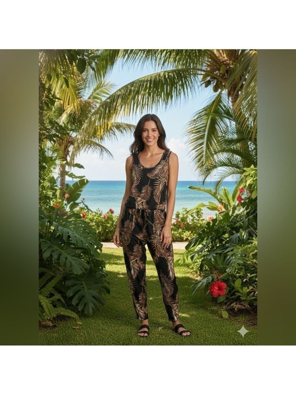 NICOLE MILLER Black w/ Brown Leaf Print Jumpsuit Elasticized Waist Side Pockets